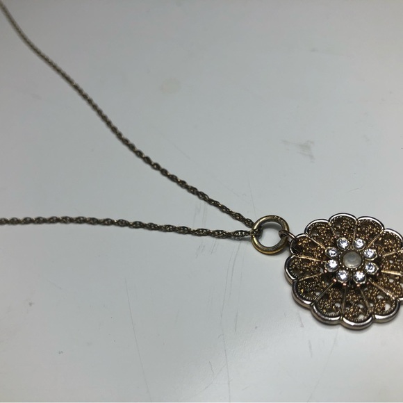 Vintage Filigree Gold and Rhinestones Circular Pendant Necklace on a 9” Chain - Picture 3 of 8